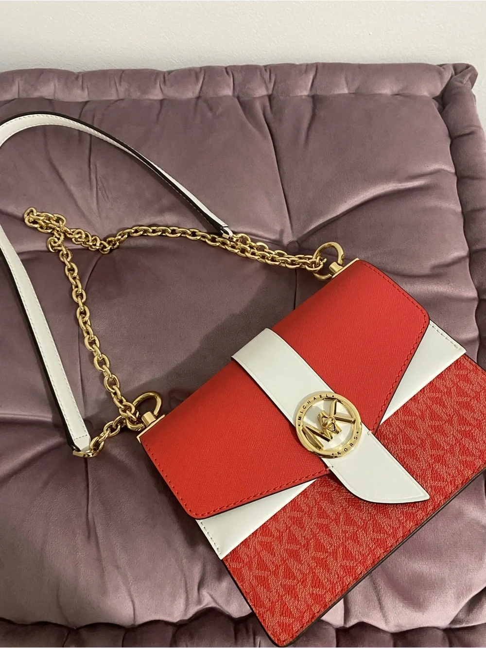 Michael Kors Red and White Chain Strap Shoulder Bag with Gold Logo